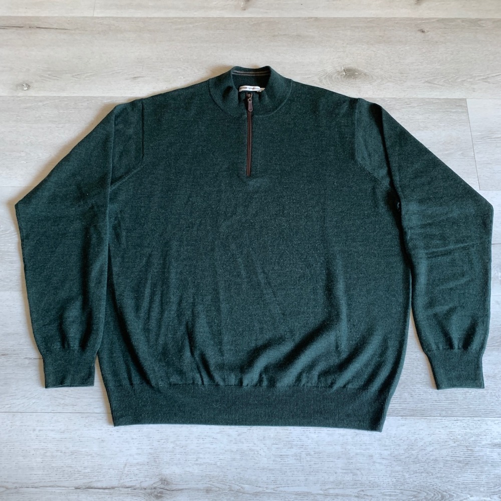 Peter Millar Mens XXL 100% Merino Wool Quarter Zip Sweater Hunter Green Pullover